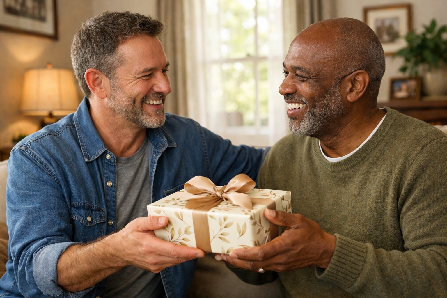 Two adults warmly reuniting indoors, exchanging a gift with smiles and hugs.