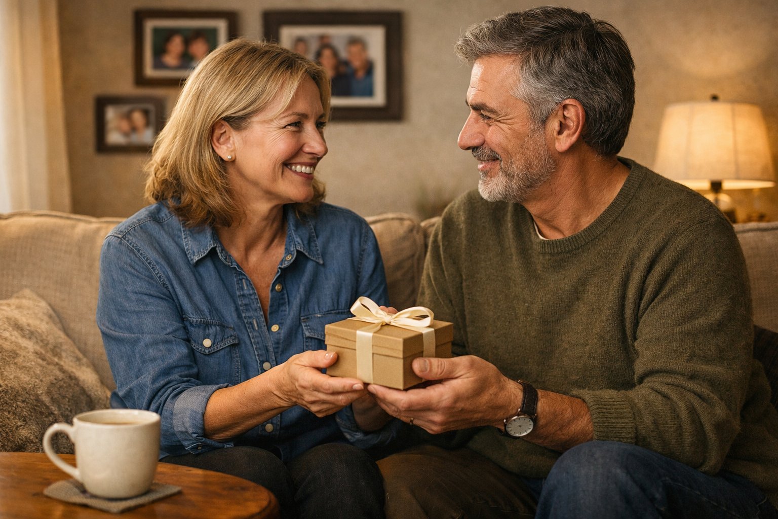 Two middle-aged friends sitting on a sofa, sharing a small wrapped gift and smiling warmly at each other in a cozy living room.
