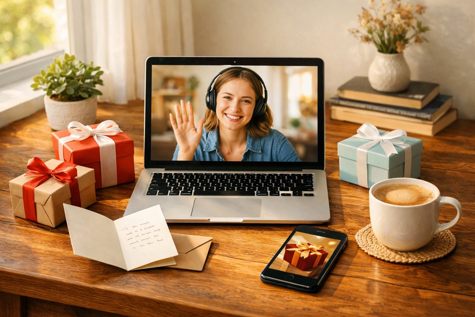 A home office desk with a laptop showing a video call, surrounded by wrapped gift boxes, a handwritten card, a smartphone with a digital gift card, and a cup of coffee.