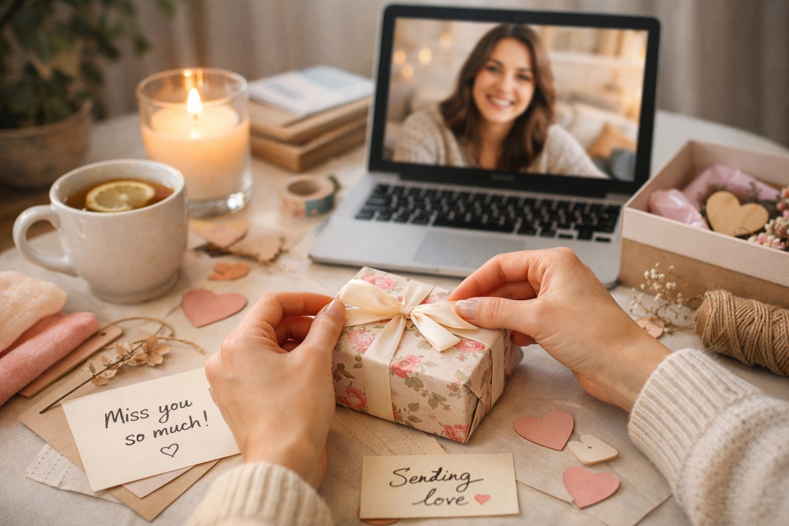 A person wrapping a gift box at home while video calling a smiling loved one on a laptop.