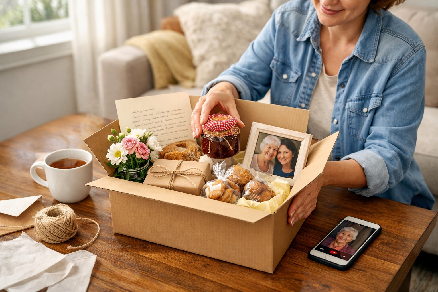 A person packing a care package with flowers, a letter, and a gift in a cozy living room.