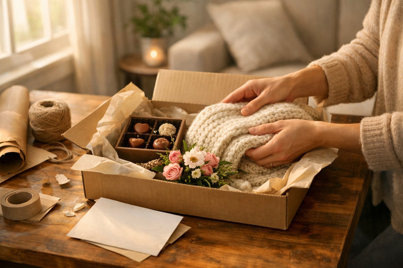 A person arranging a care package with flowers, a handwritten note, chocolates, and a scarf on a wooden table near a window.