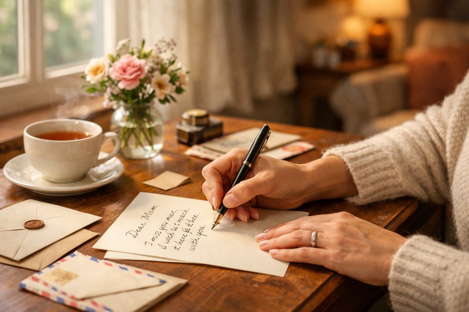 Person writing a handwritten letter at a desk near a window with a cup of tea and flowers nearby.