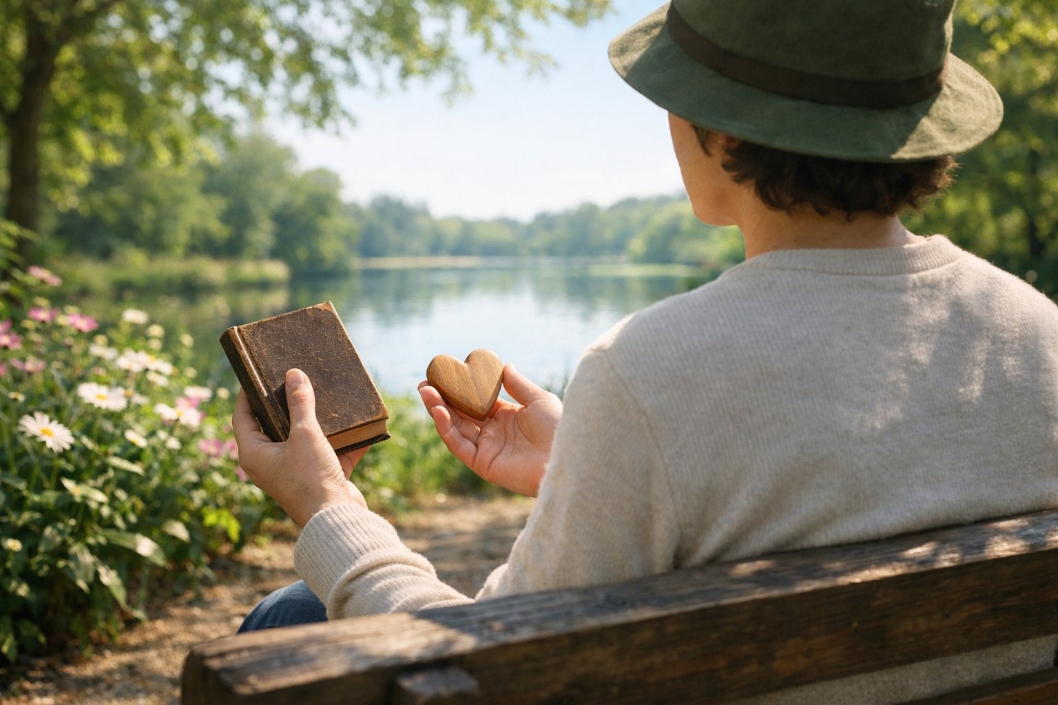 Person sitting on a bench in a park holding a book and a small handcrafted object, surrounded by trees and a lake.