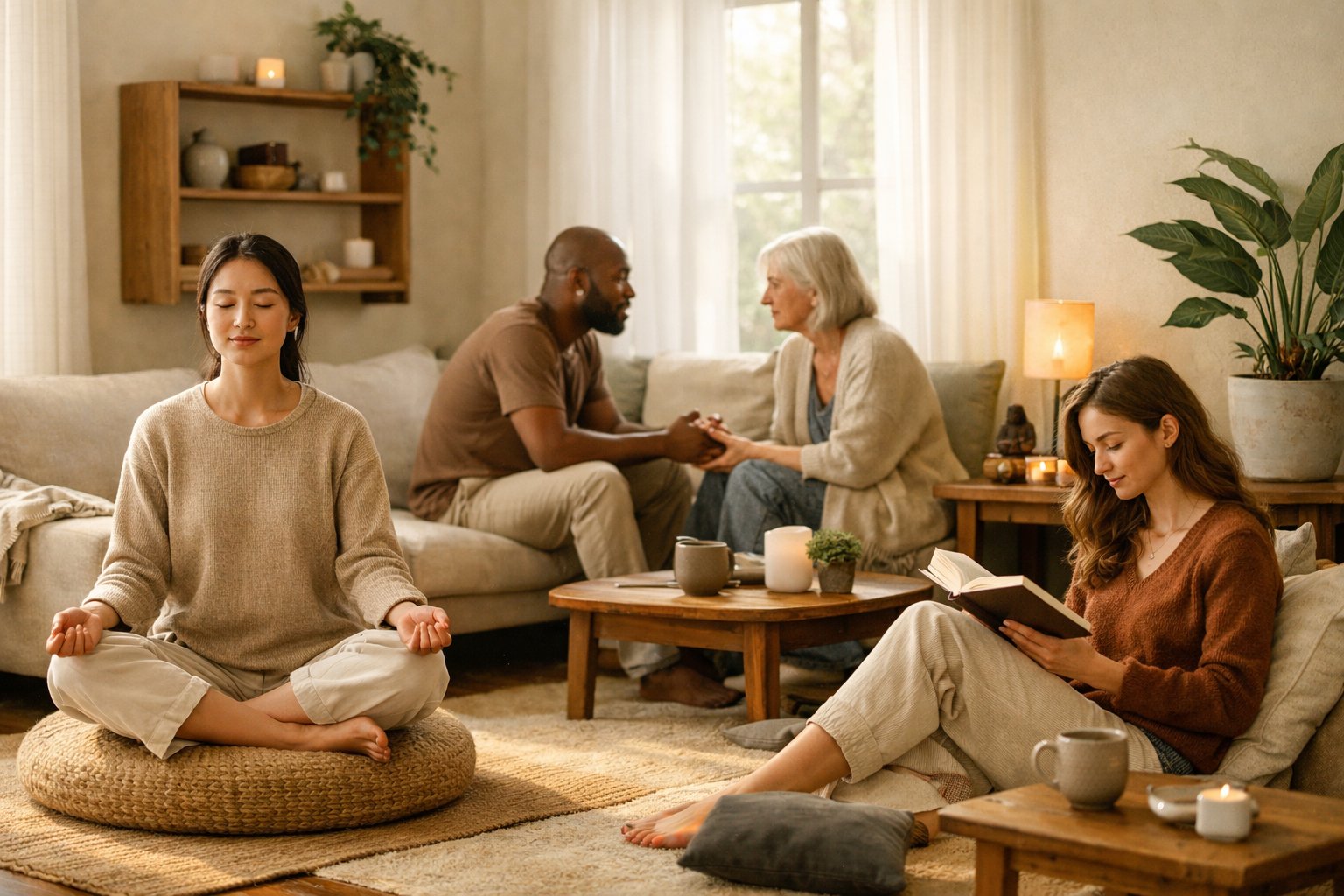 People in a calm, simple living space engaging in thoughtful and meaningful activities.