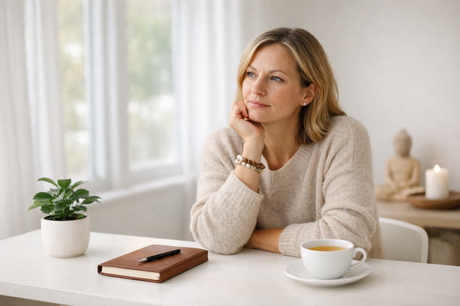 A person sitting thoughtfully at a minimalist desk with a few meaningful items in a bright room with natural light.