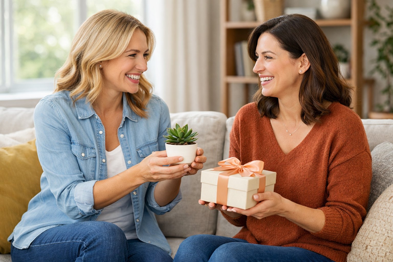 Two women sitting together in a cozy living room, smiling and exchanging thoughtful gifts that reflect friendship.