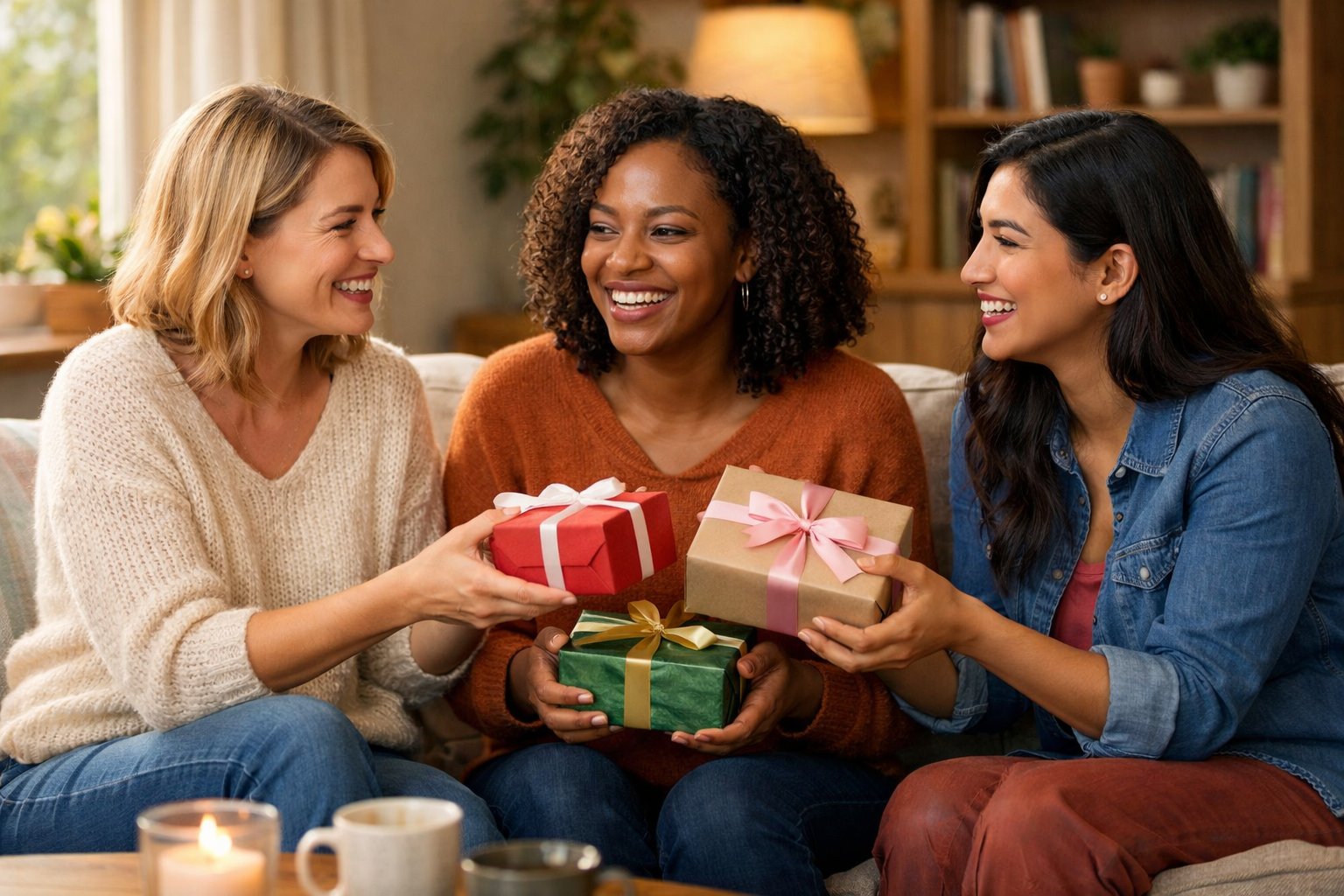 Three women sitting together in a living room, smiling and exchanging gifts in a warm and friendly atmosphere.