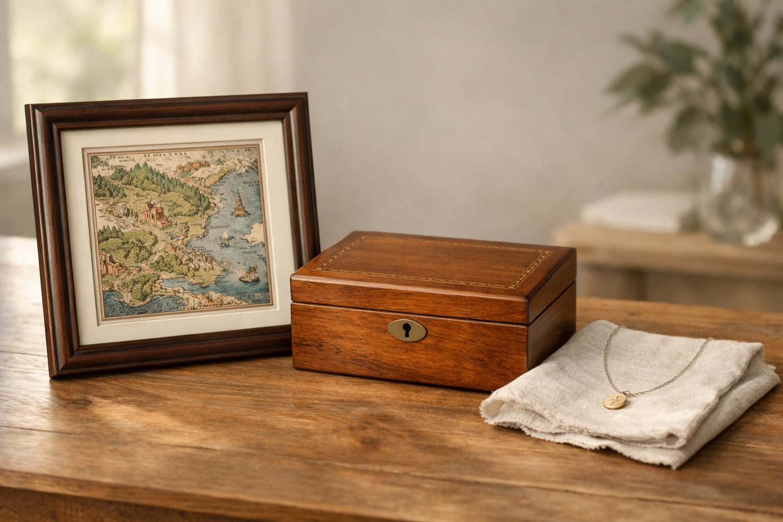 A wooden table displaying a map art piece, a memory box, and a message necklace arranged peacefully with soft natural light.