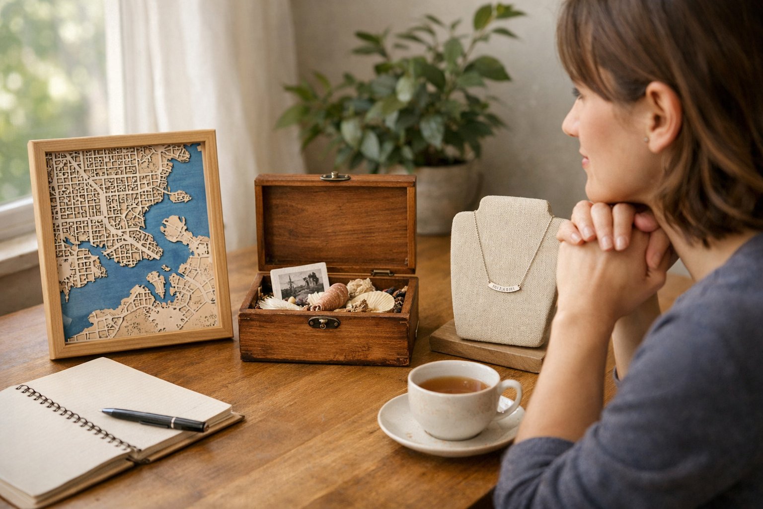 A person sitting at a wooden desk, calmly looking at a map art piece, a memory box, and a message necklace placed in front of them, with soft natural light and plants in the background.