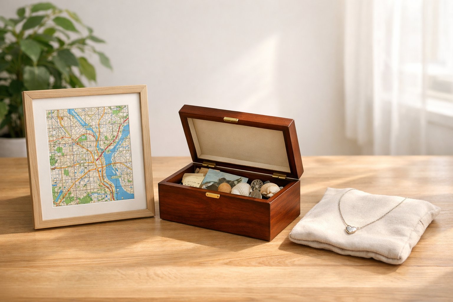 A wooden table displaying a framed map, an open memory box with keepsakes, and a message necklace, all arranged in a calm, well-lit room.