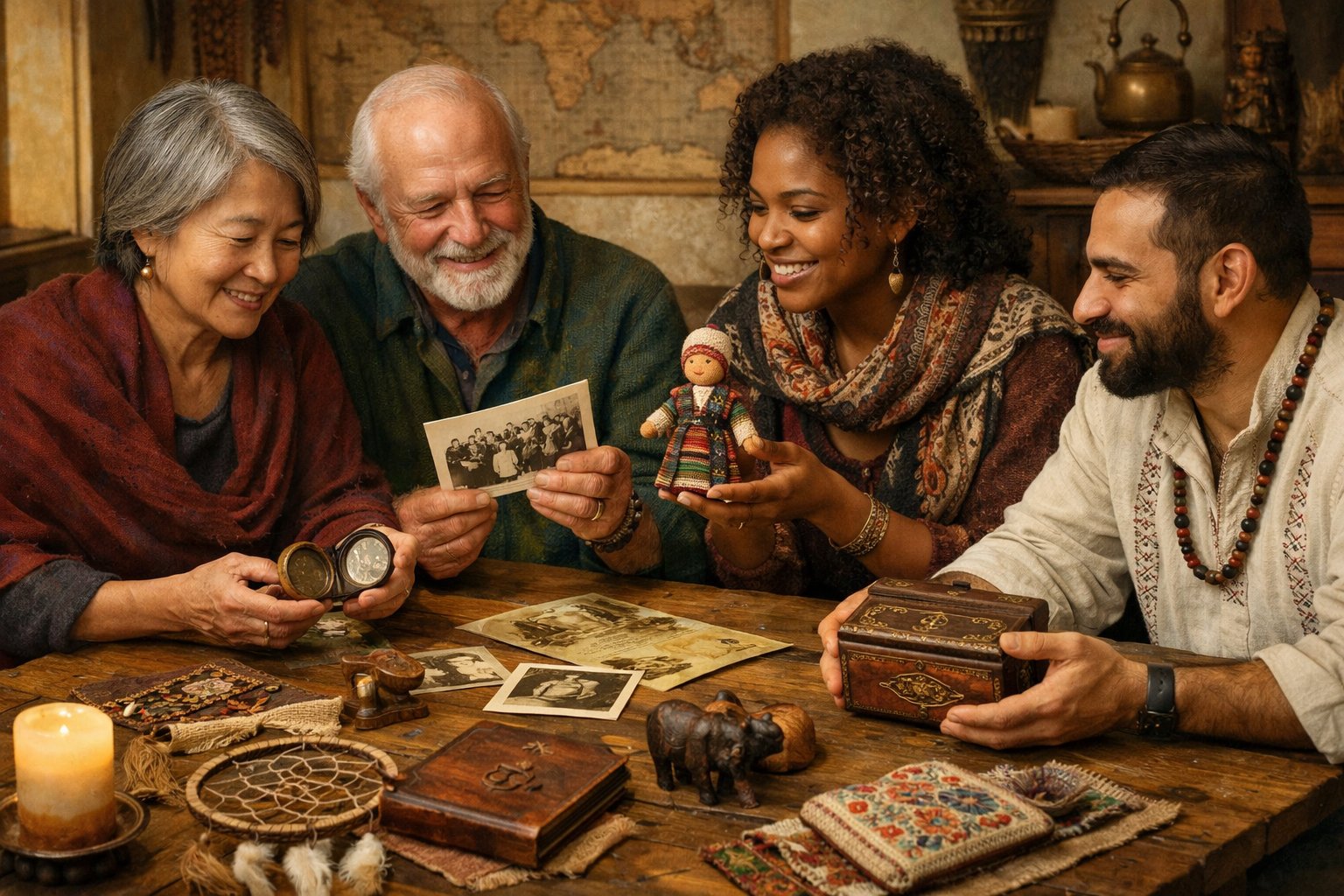 People gathered around a table exchanging meaningful, handcrafted gifts that reflect their shared history and cultural connections.
