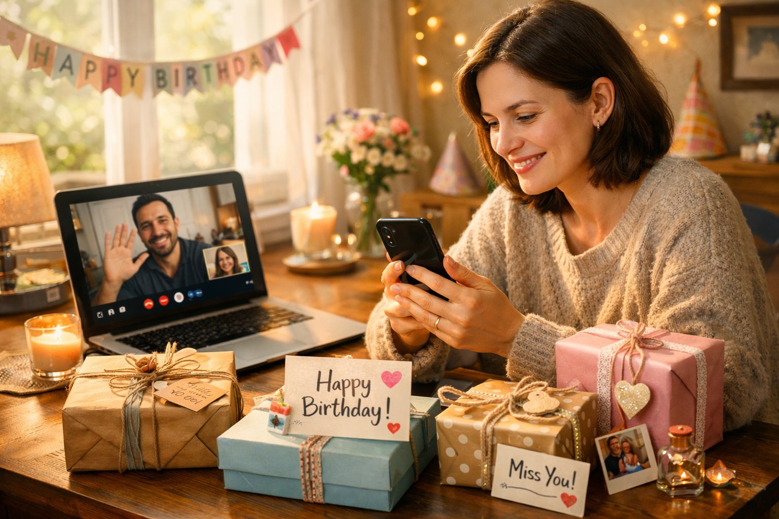 A person sitting at a desk with wrapped birthday gifts, smiling while holding a smartphone during a video call.