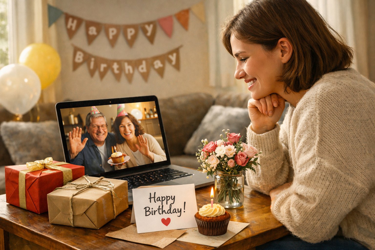 A person smiling at a laptop during a video call with birthday gifts and decorations nearby.