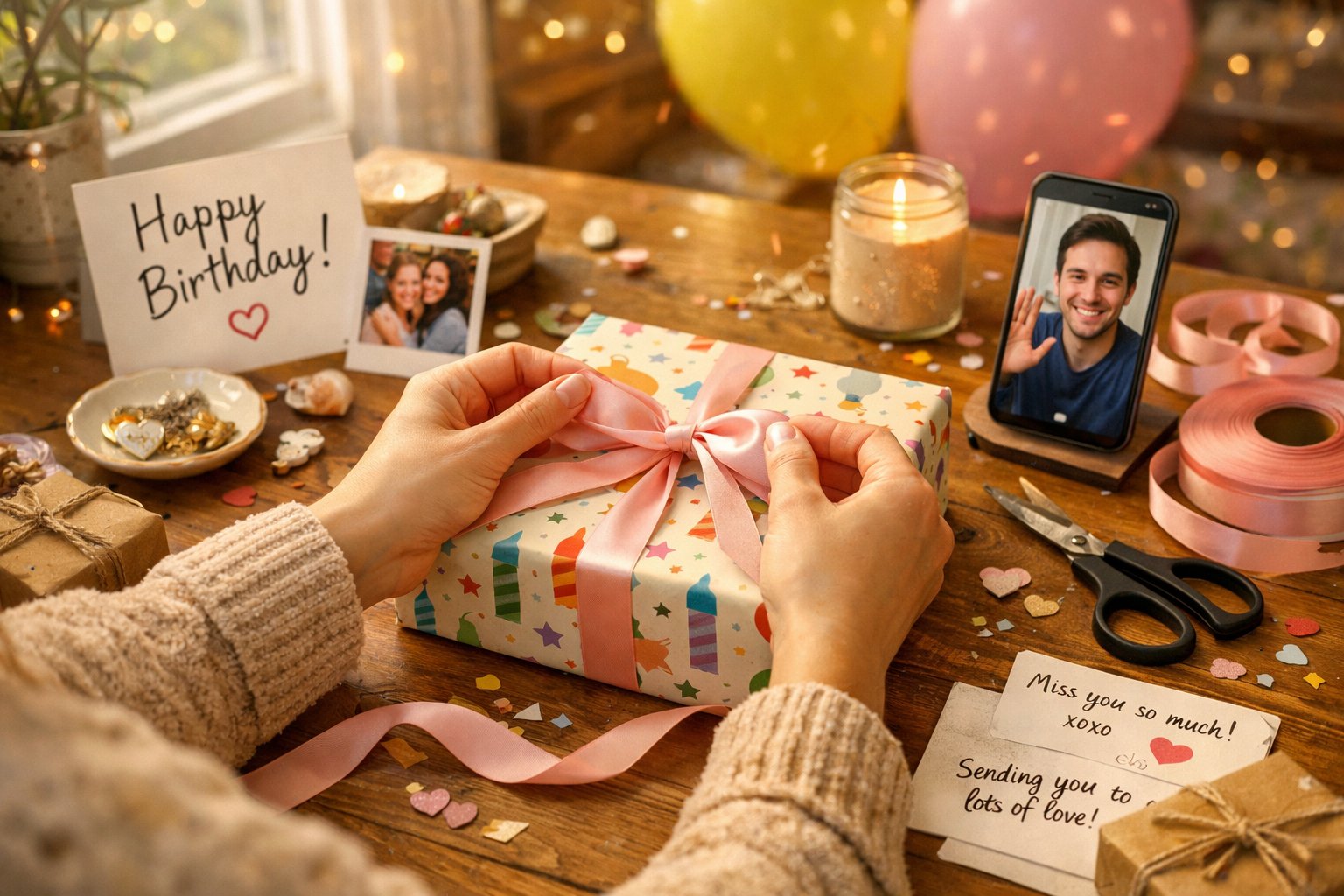 Hands wrapping a birthday gift with ribbon at a cozy table, surrounded by cards and a smartphone showing a video call.