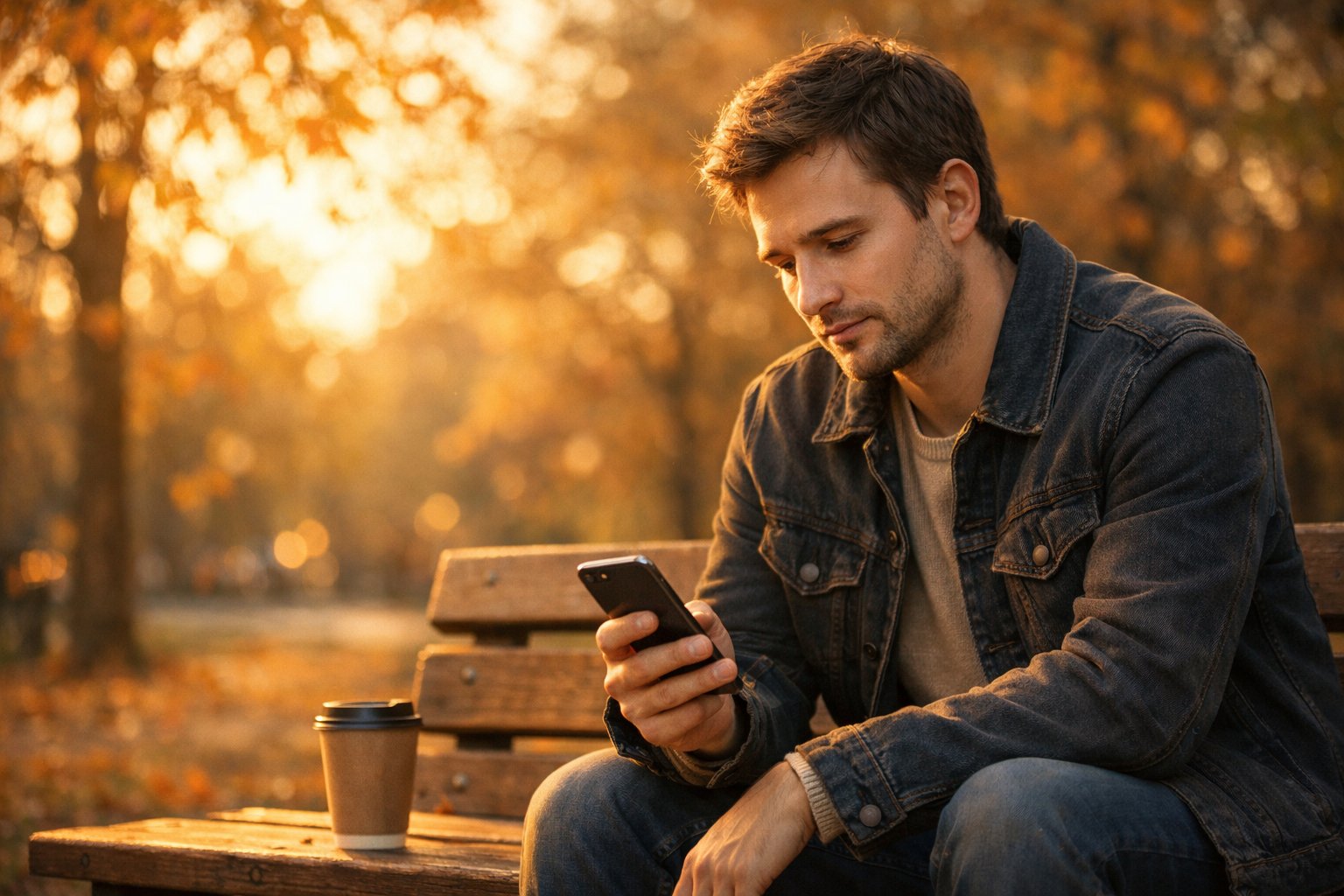 A young man sitting alone on a park bench, looking thoughtfully at his smartphone with a gentle expression during sunset.