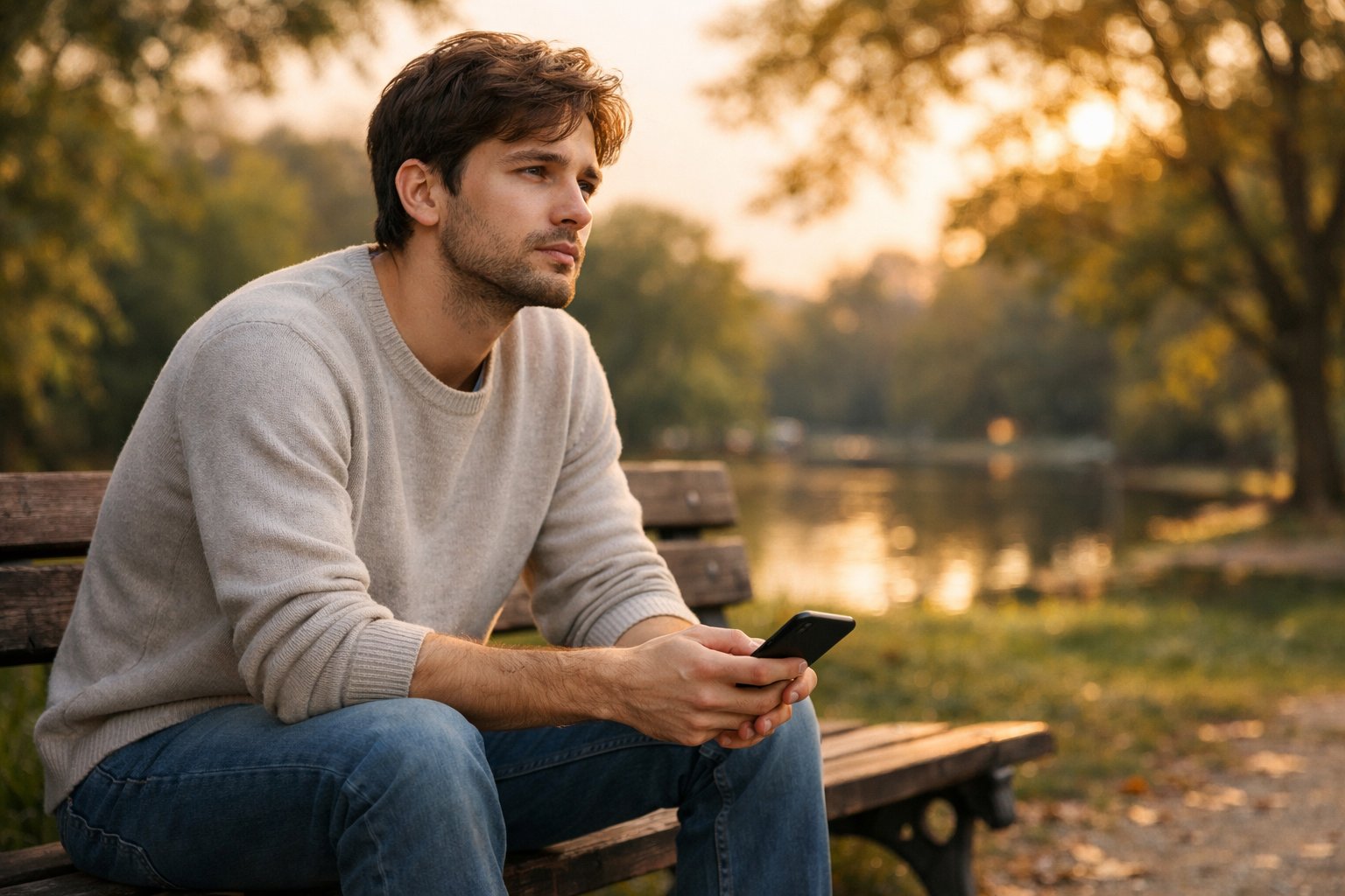 A young man sitting alone on a park bench, looking thoughtful while holding a smartphone.