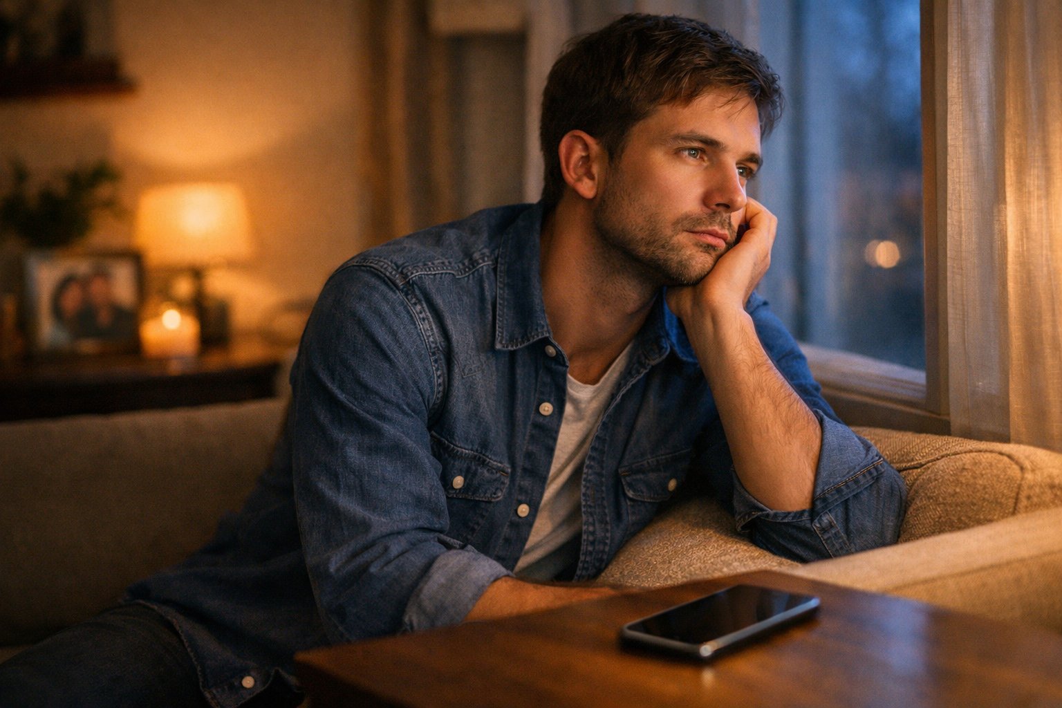 A young man sitting alone in a living room, looking thoughtfully out a window with a vulnerable expression.