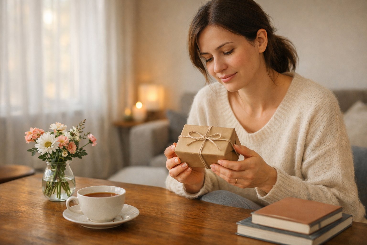 A woman sitting at a wooden table looking thoughtfully at a small, simply wrapped gift box in a cozy living room.
