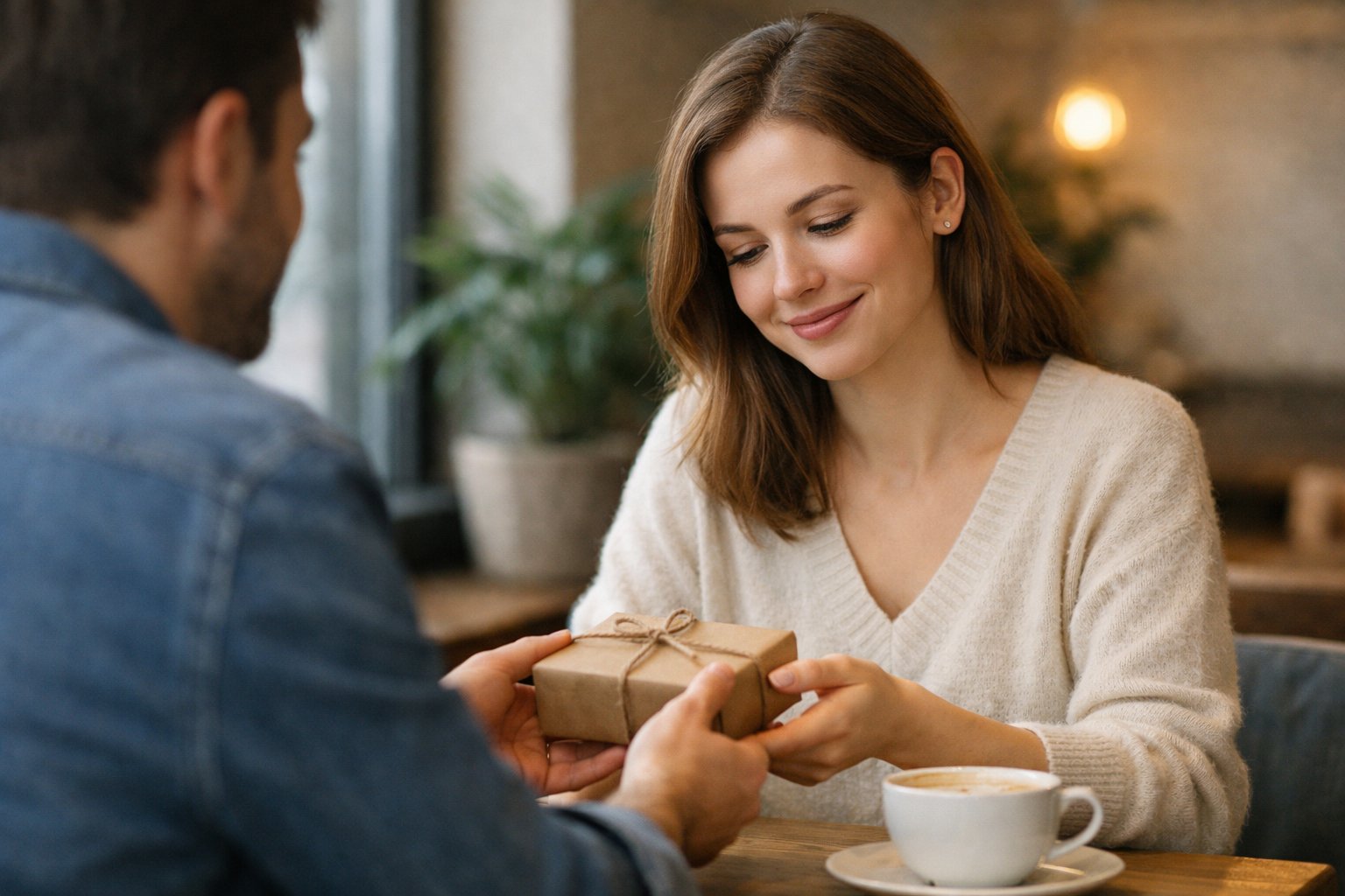 A young woman sitting at a café table smiling as she receives a small, simply wrapped gift from a man.