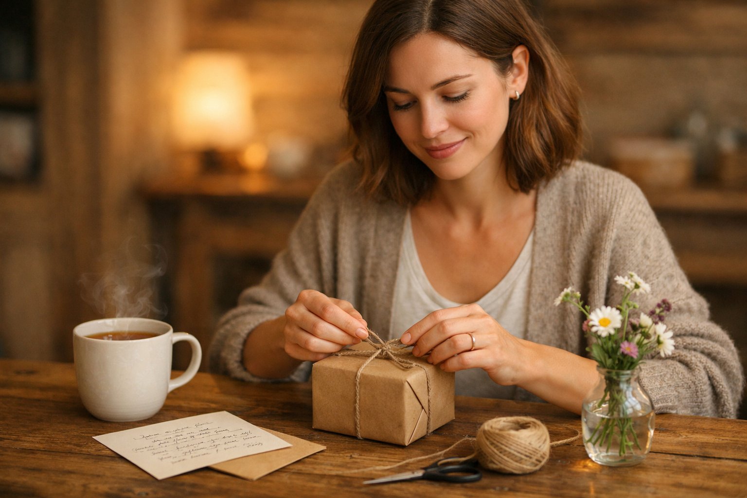 A woman wrapping a small gift box at a wooden table with a cup of tea and flowers nearby.