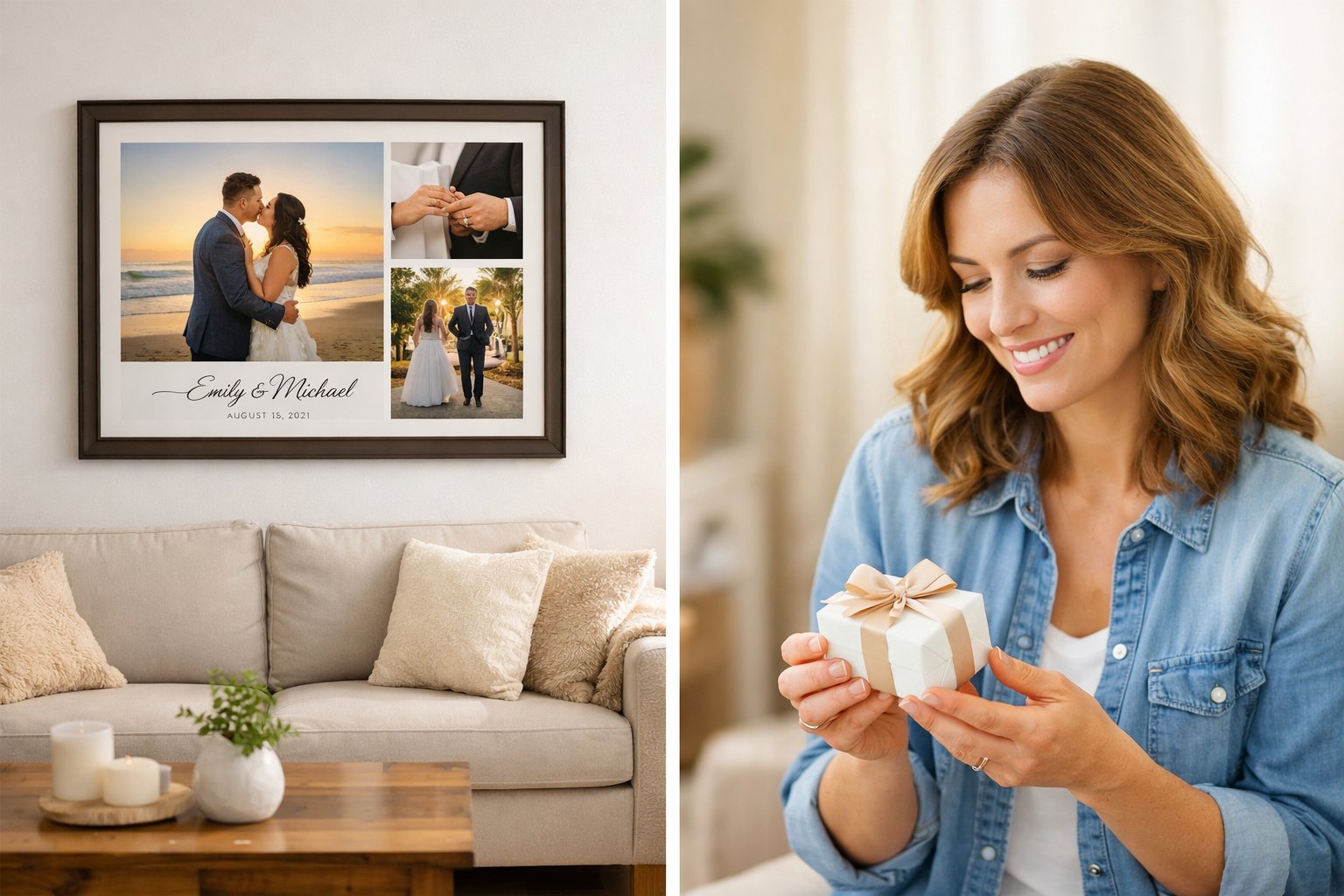A woman holding a small wrapped gift standing next to a living room wall with a large framed custom artwork.