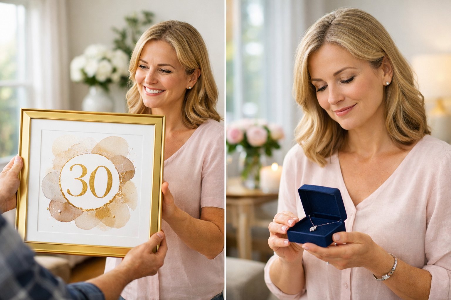 A woman receiving two types of milestone gifts: a framed wall art piece and a small portable gift, in a bright, modern room.