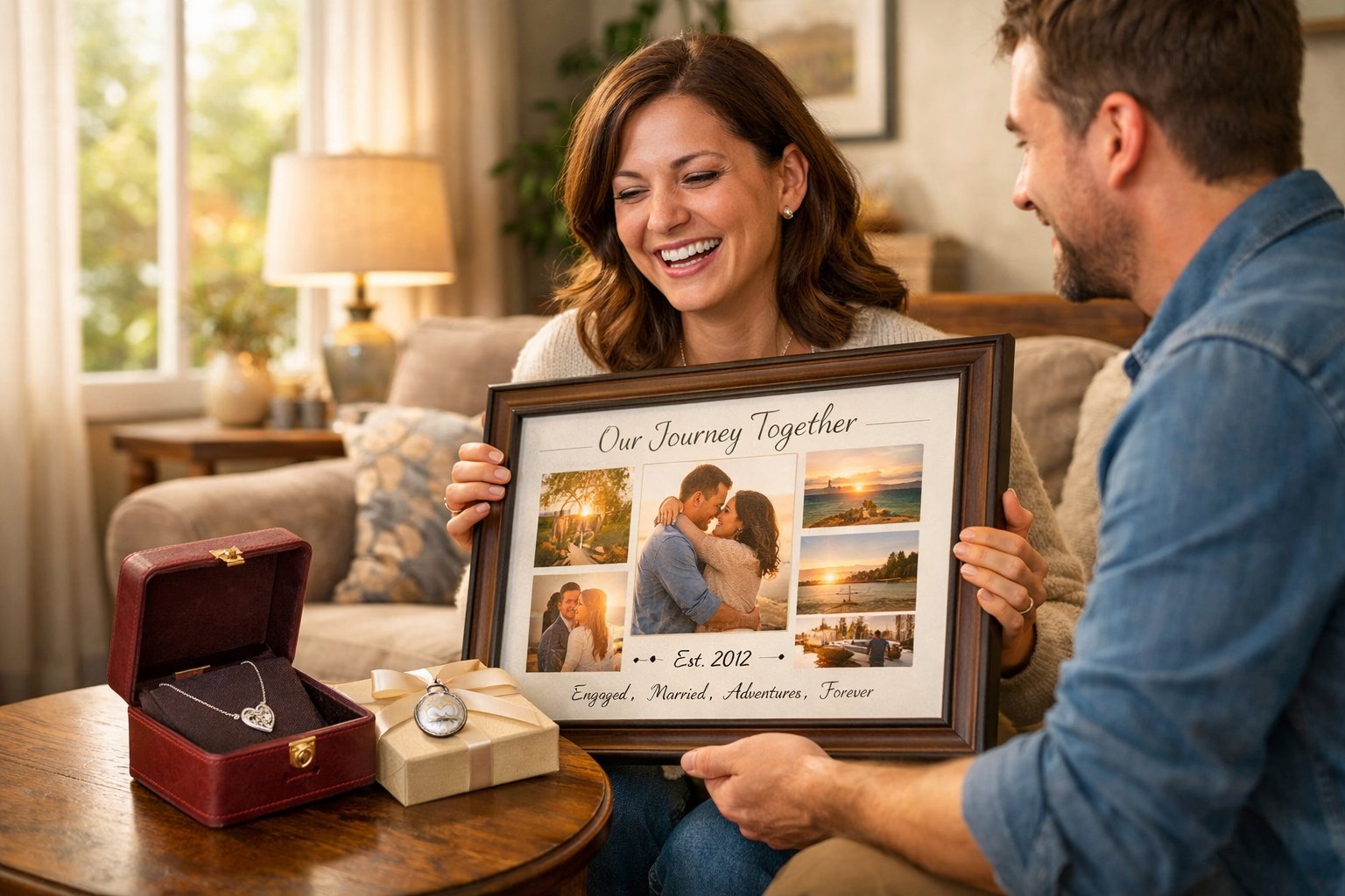 A woman happily receiving a framed custom wall art gift from a loved one in a cozy living room, with a small elegant portable gift visible on a nearby table.