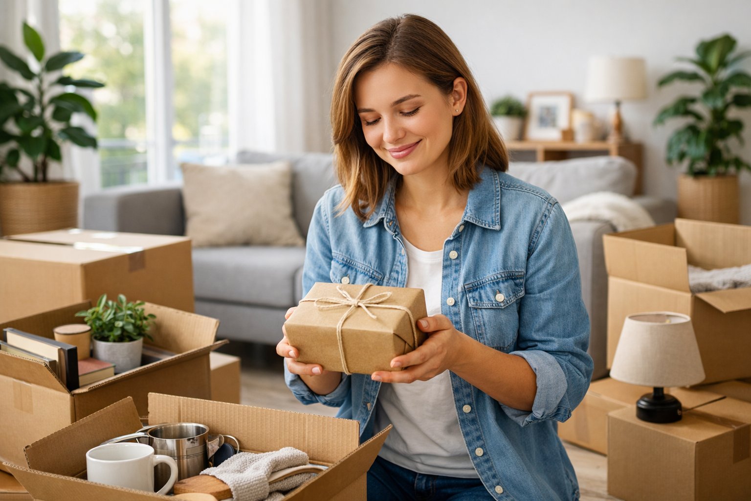 A young woman unpacking boxes in a bright apartment while holding a small wrapped gift.