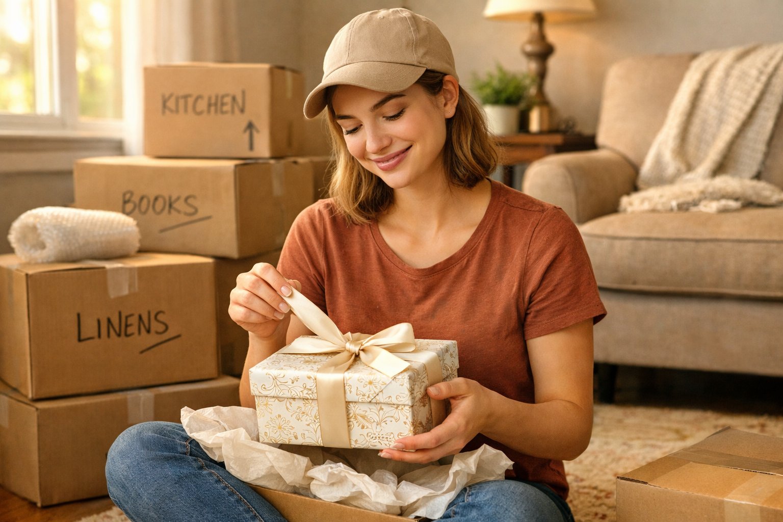 A young woman smiling as she unwraps a gift box in a new home surrounded by moving boxes.