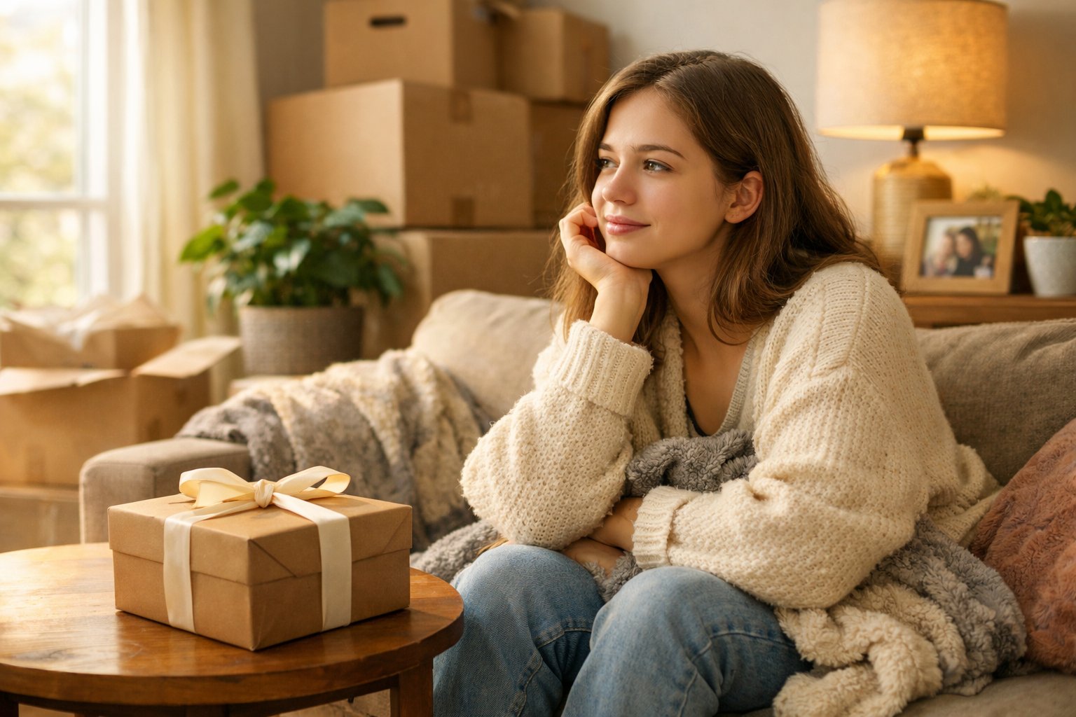 A young woman sitting thoughtfully in a new apartment surrounded by unpacked boxes and a wrapped gift on a table nearby.
