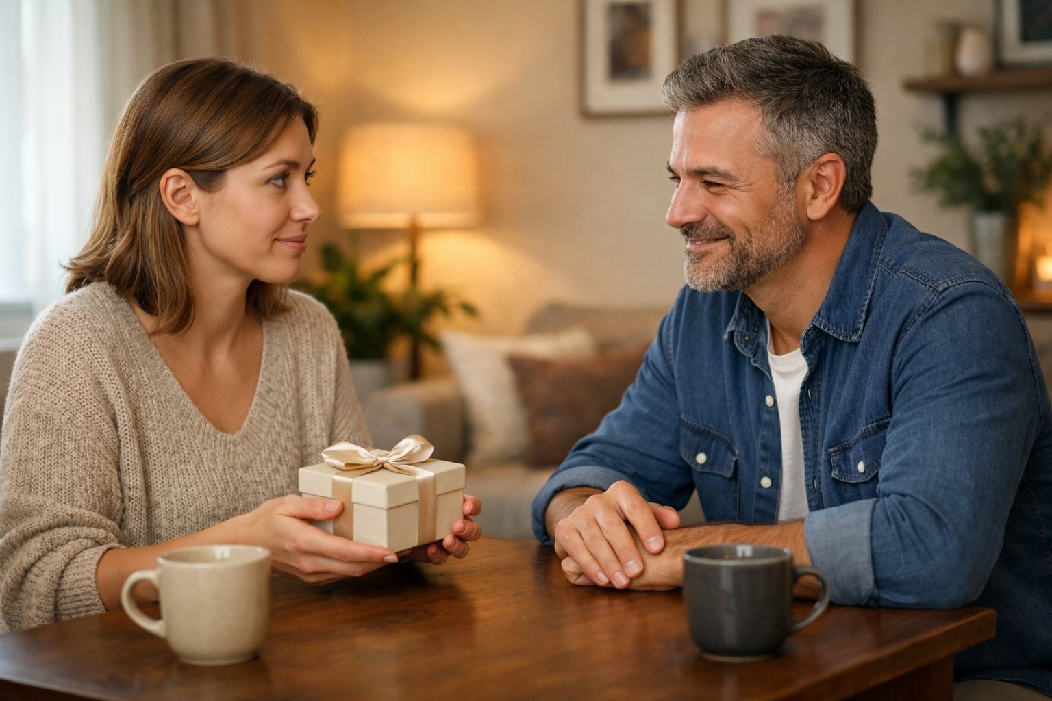 A man and a woman sit at a table in a cozy living room, the woman holding a small wrapped gift while the man smiles reassuringly at her.