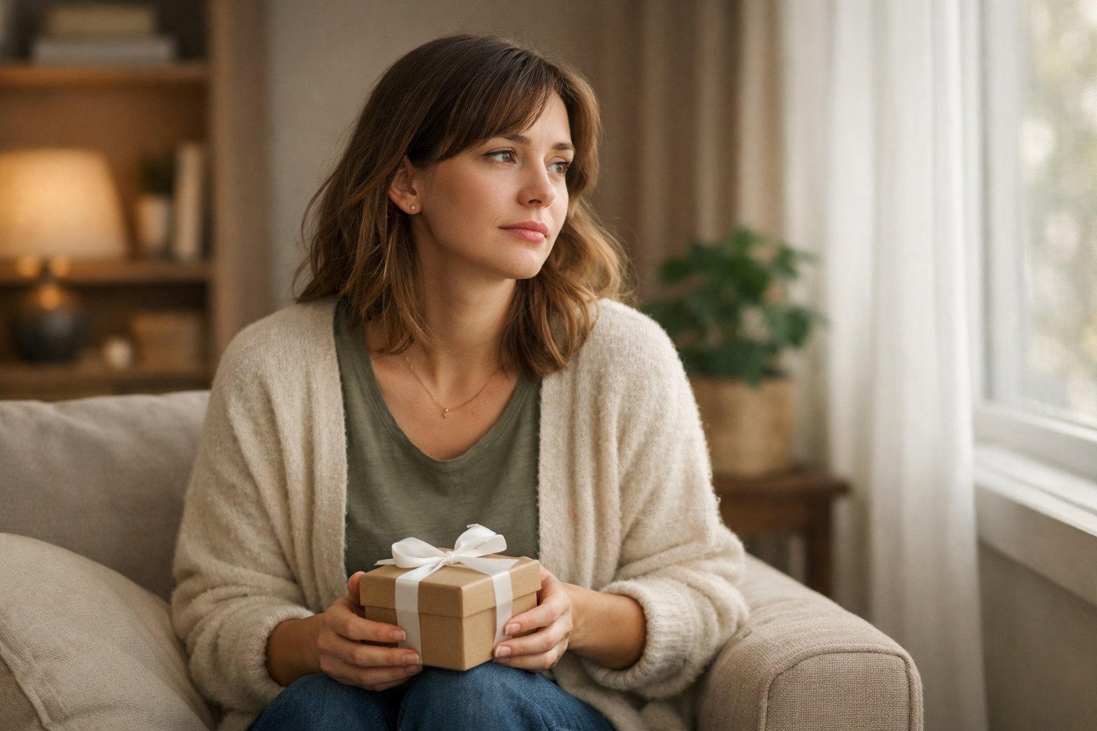 A young woman sitting alone in a living room, looking thoughtfully out of a window while holding a small wrapped gift.