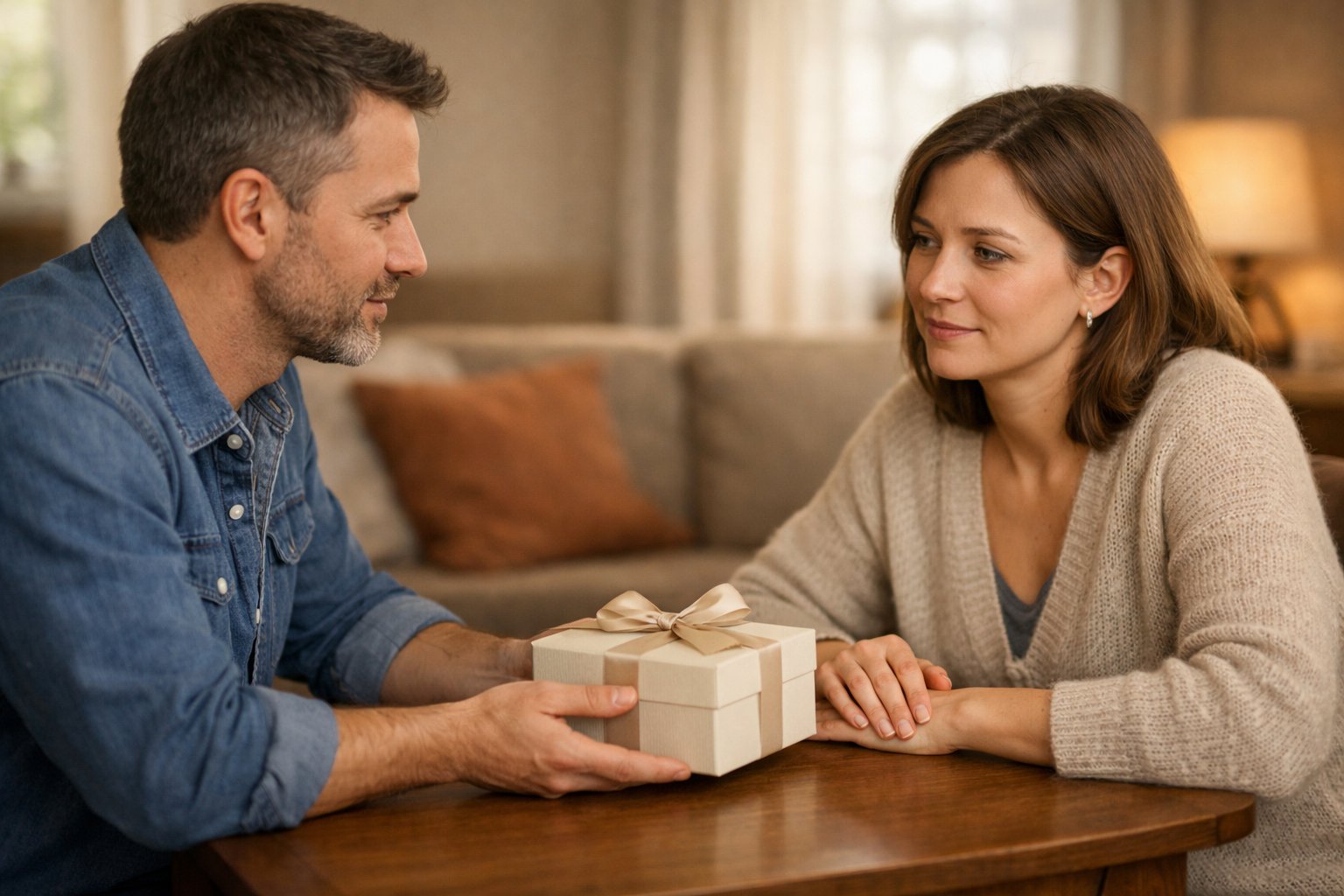 A man offers a wrapped gift to a woman as they sit together at a table in a softly lit room.