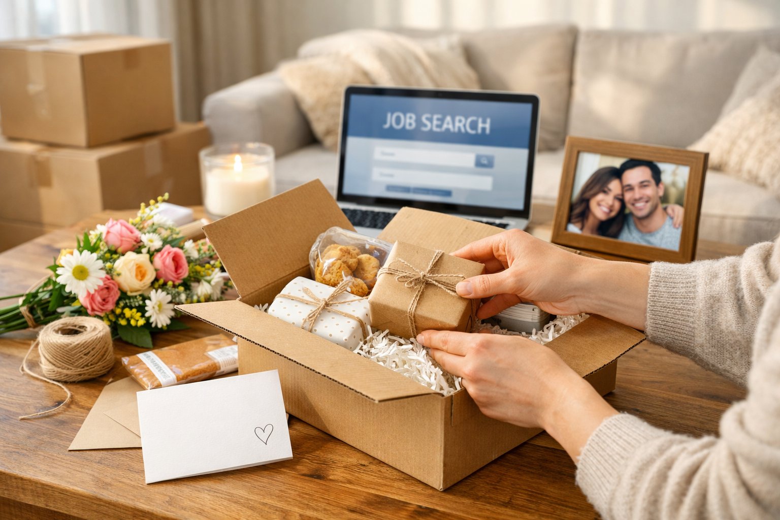 A person assembling a care package with gifts, flowers, and a card on a table in a cozy living room with moving boxes and a laptop nearby.