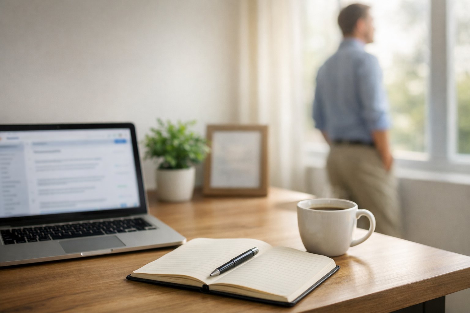 A person looking thoughtfully out a window in a bright workspace with a laptop, notebook, coffee cup, and plant on the desk.
