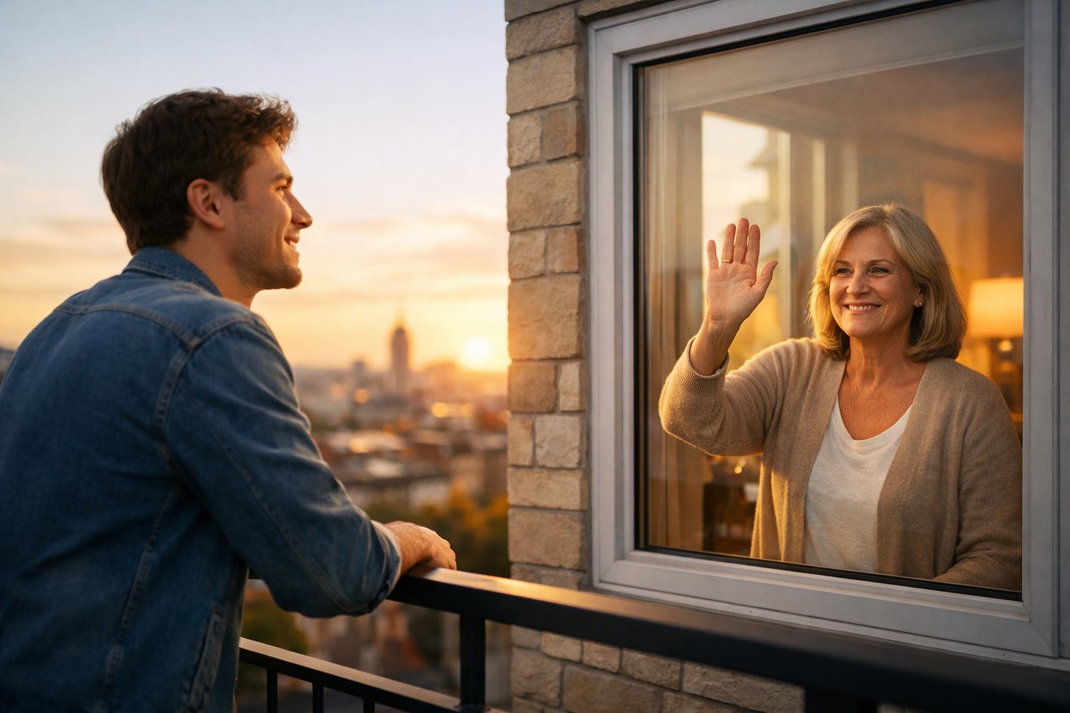 Two people expressing pride and affection from a distance, one outside on a balcony and the other inside looking through a window.