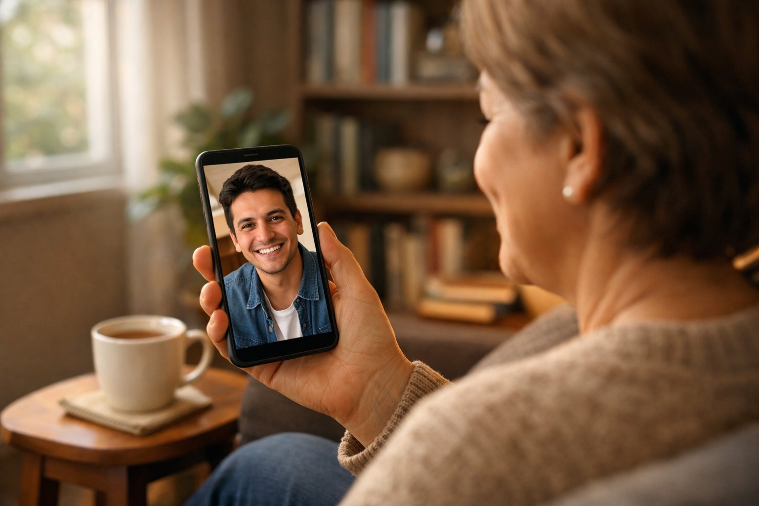 A person smiling while video calling a loved one on a smartphone in a cozy home setting.