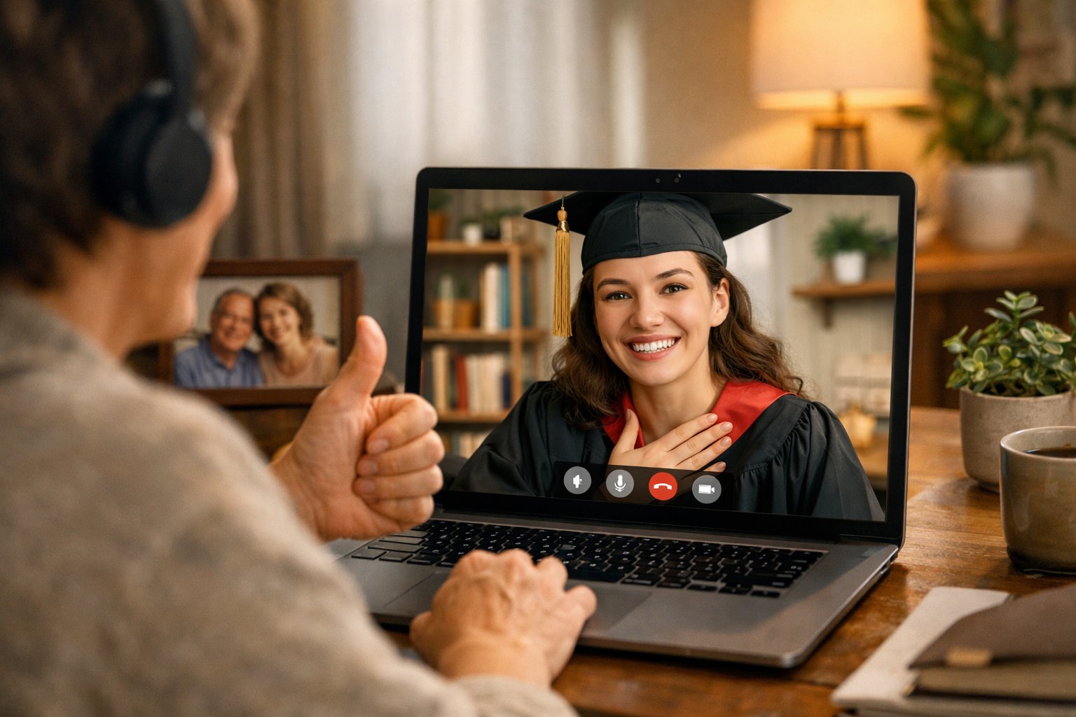 A person smiling while video calling a loved one, both showing expressions of pride and support.