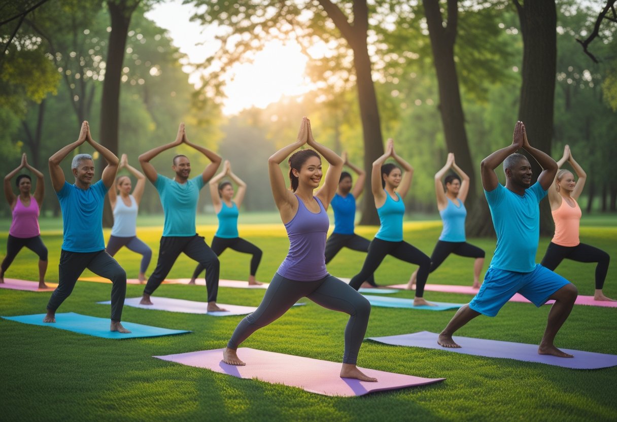 Mehrere Personen machen Yoga-Übungen auf bunten Matten im Freien in einem Park.