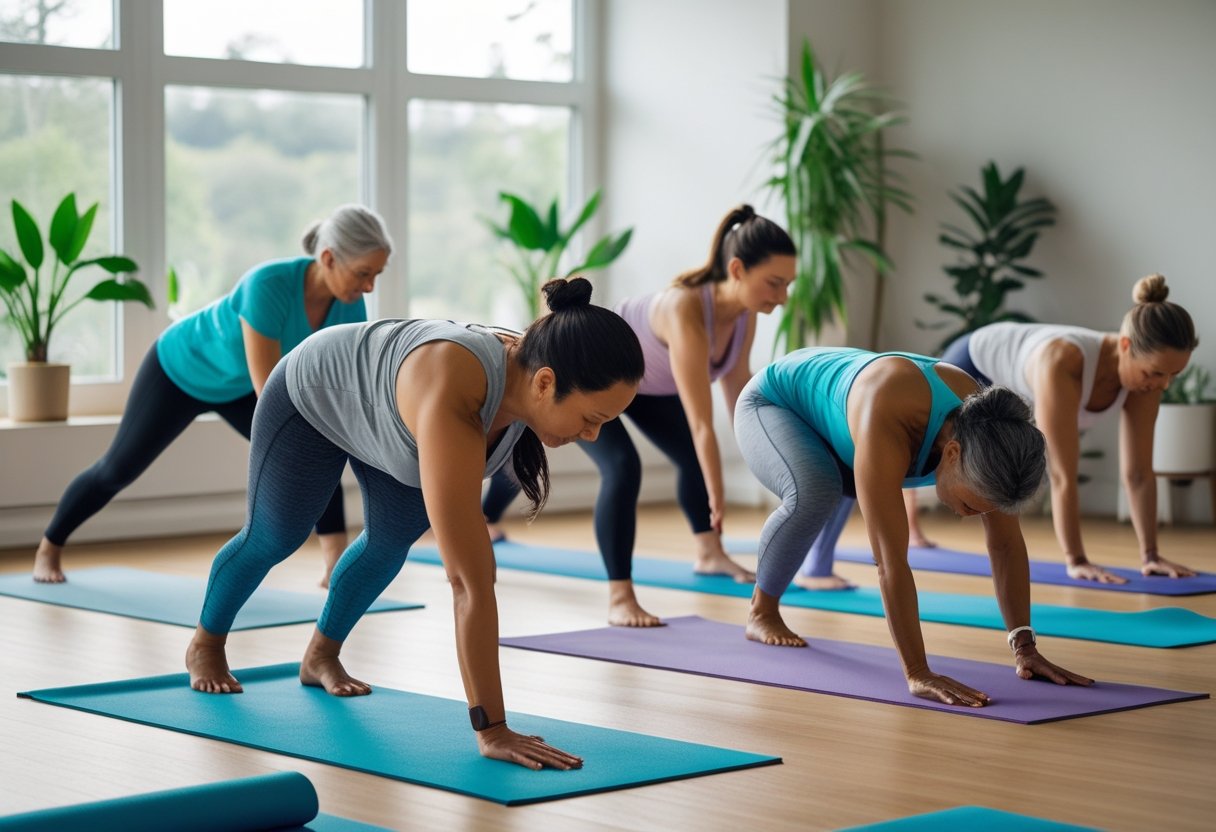 Mehrere Personen üben grundlegende Yoga-Übungen in einem hellen und ruhigen Yogaraum.
