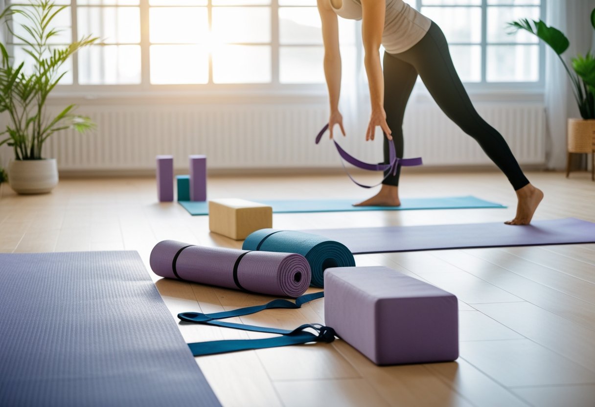 Ein ruhiger Yogaraum mit sauber angeordneten Yogamatten und Zubehör, eine Person bereitet sich auf Yogaübungen vor.
