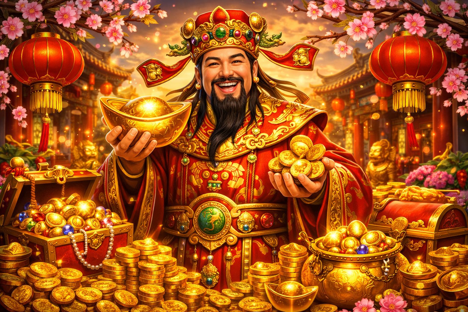 A Joyful Chinese God Of Wealth Surrounded By Gold Coins, Ingots, Red Lanterns, Cherry Blossoms, And A Temple Courtyard Filled With Festive Decorations.