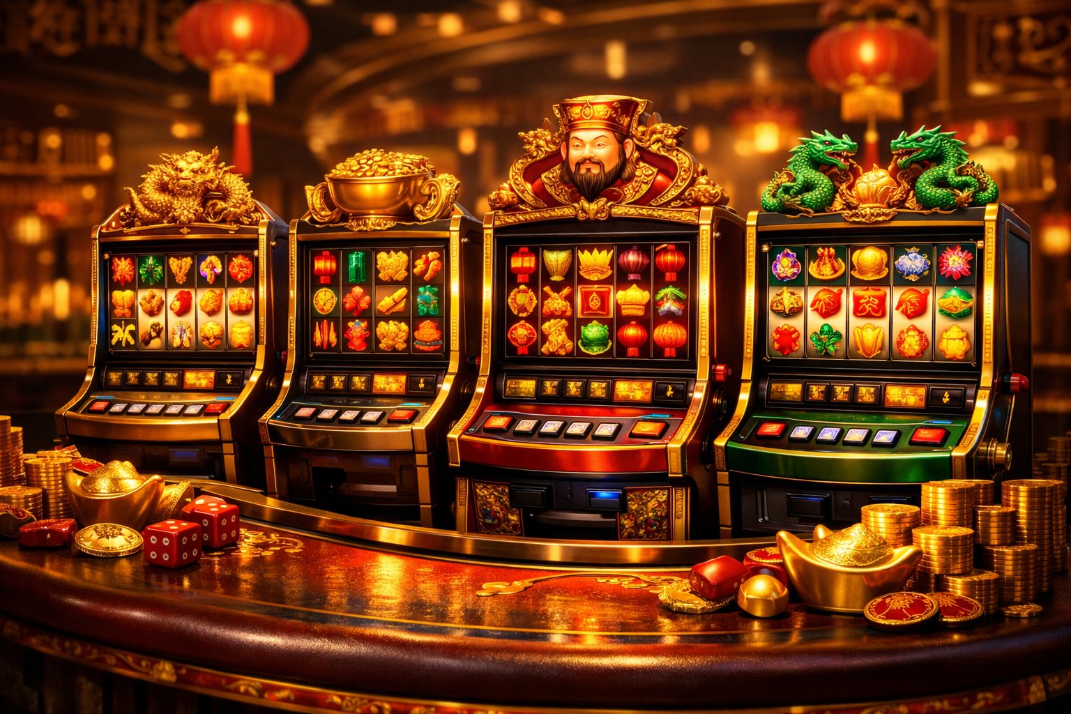 A Casino Table With Several Colorful Slot Machines Featuring ChineseThemed Symbols Like Gold Ingots, Dragons, And Lanterns.