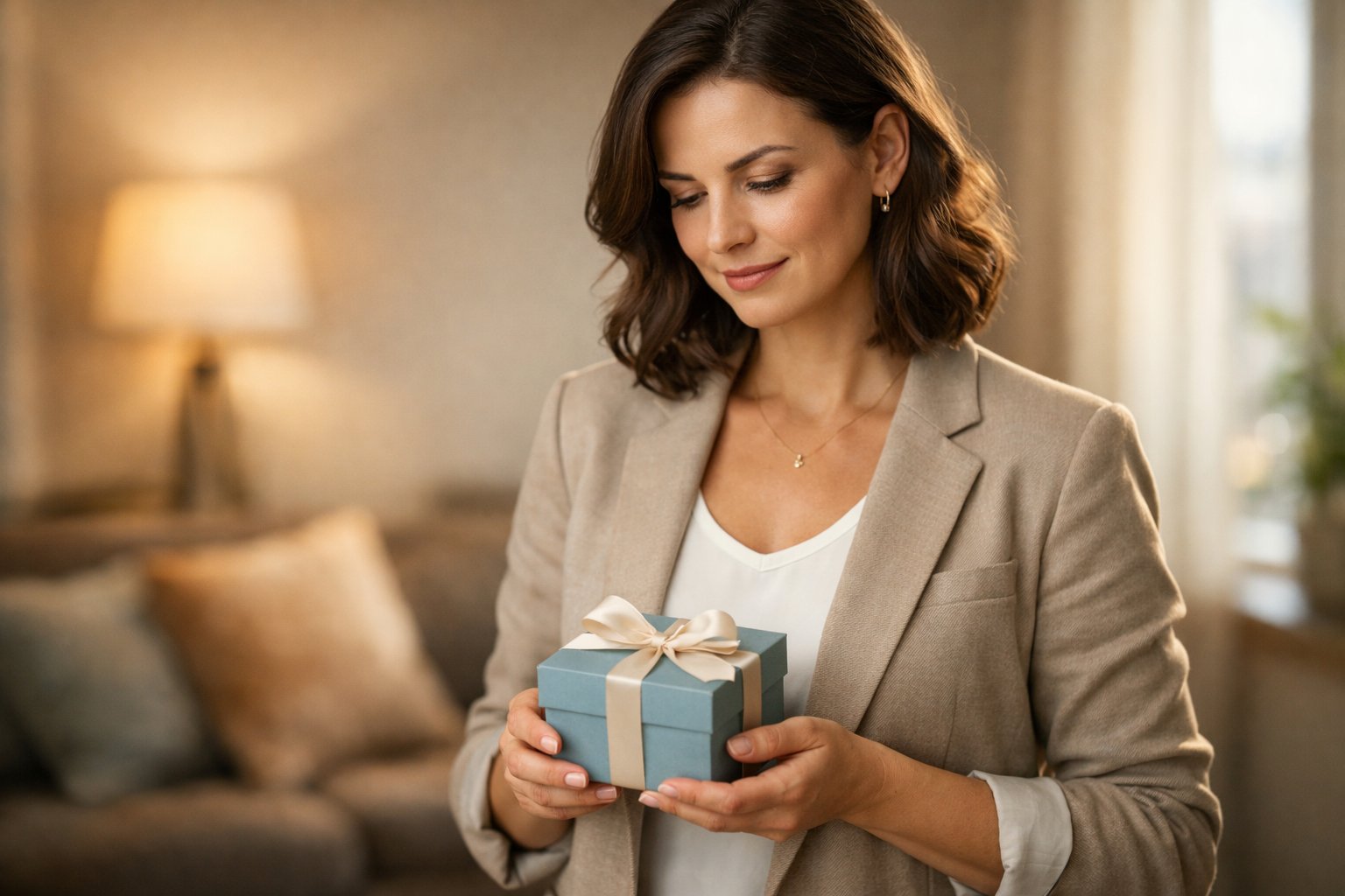 A woman thoughtfully holding a small wrapped gift in a cozy living room.