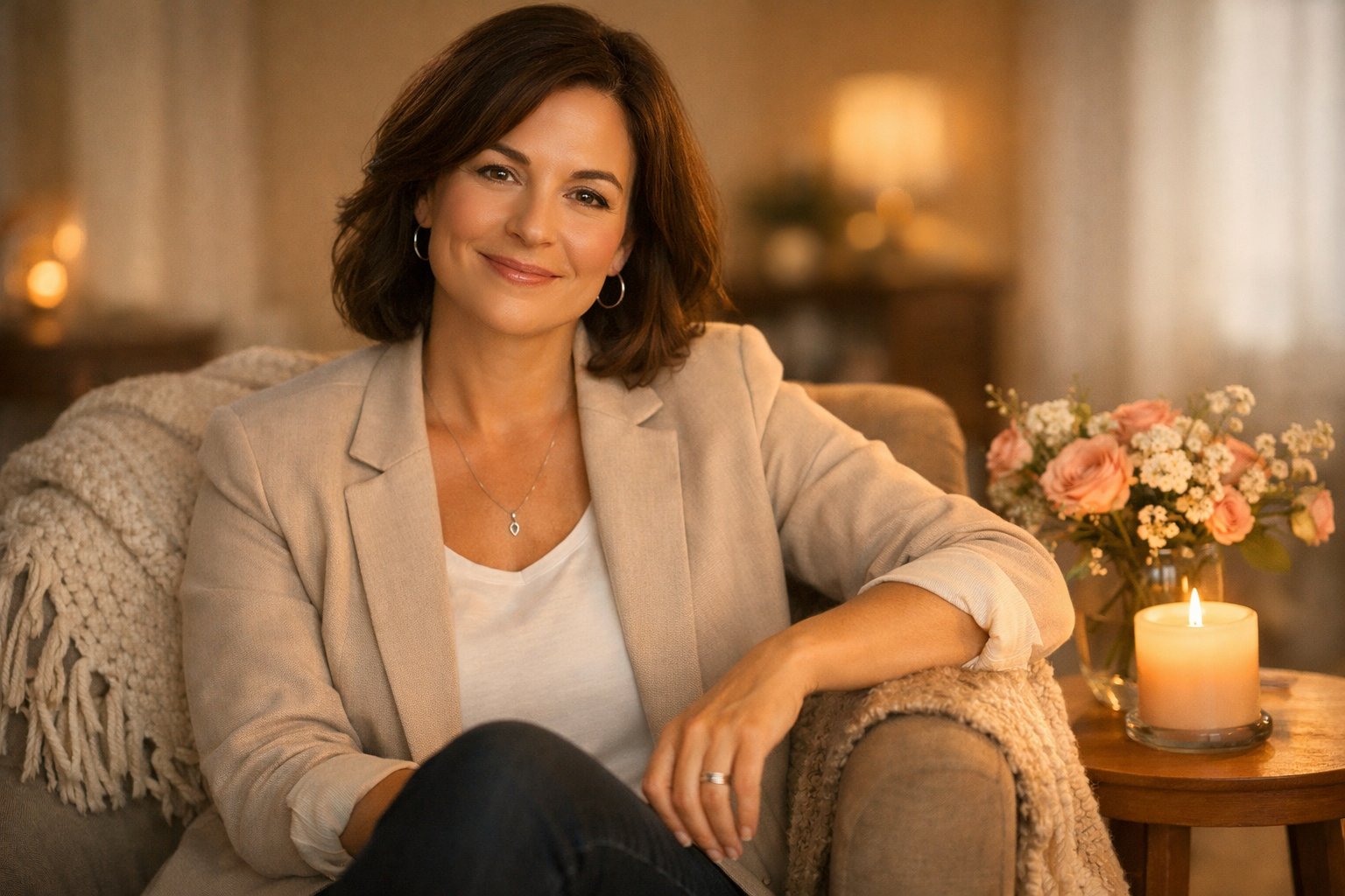 A confident woman sitting in a softly lit room surrounded by gentle, comforting objects like flowers and a candle.