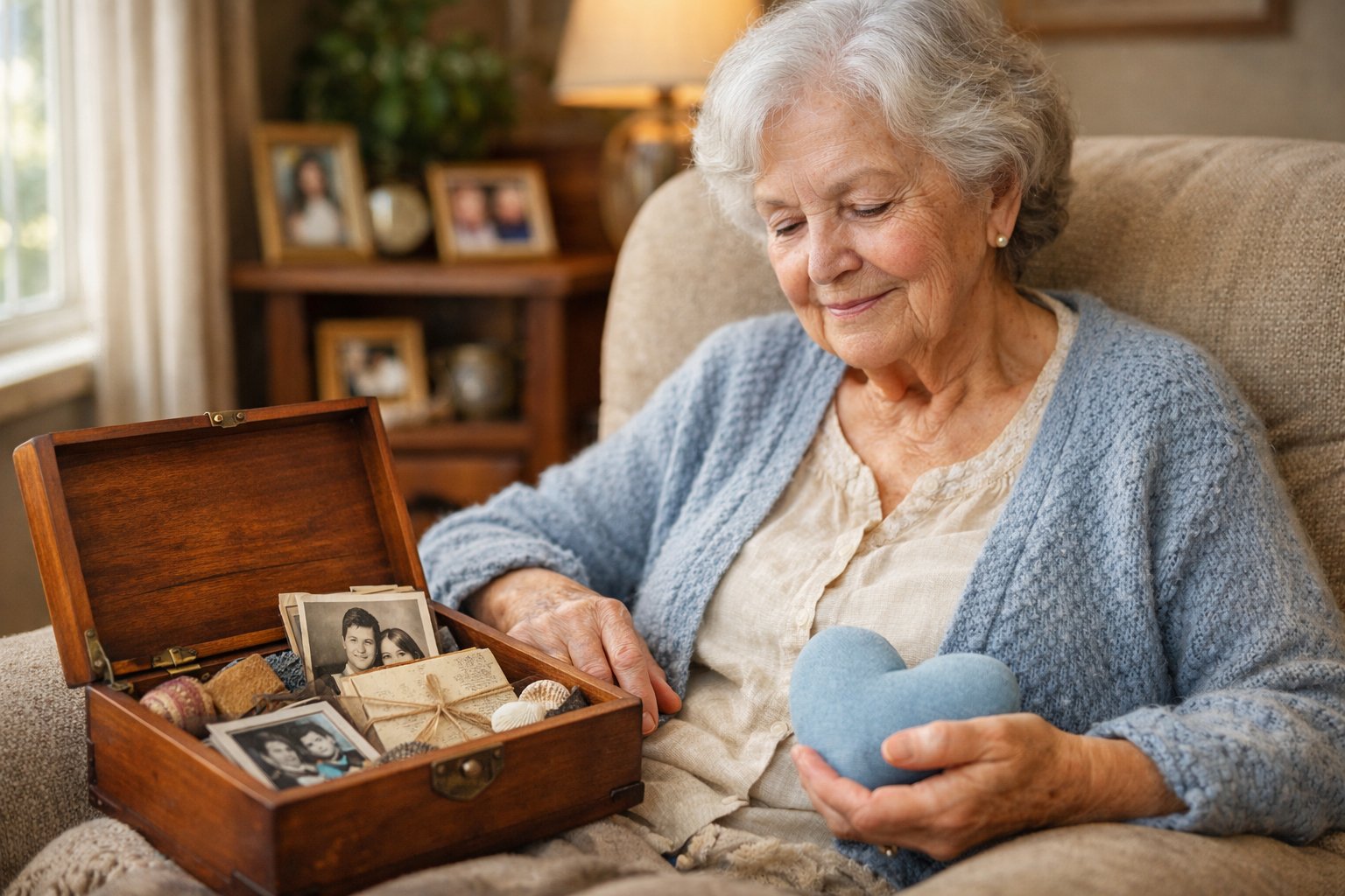 An elderly woman sitting in a cozy living room with an open memory box filled with keepsakes and a tactile object resting near her hand.