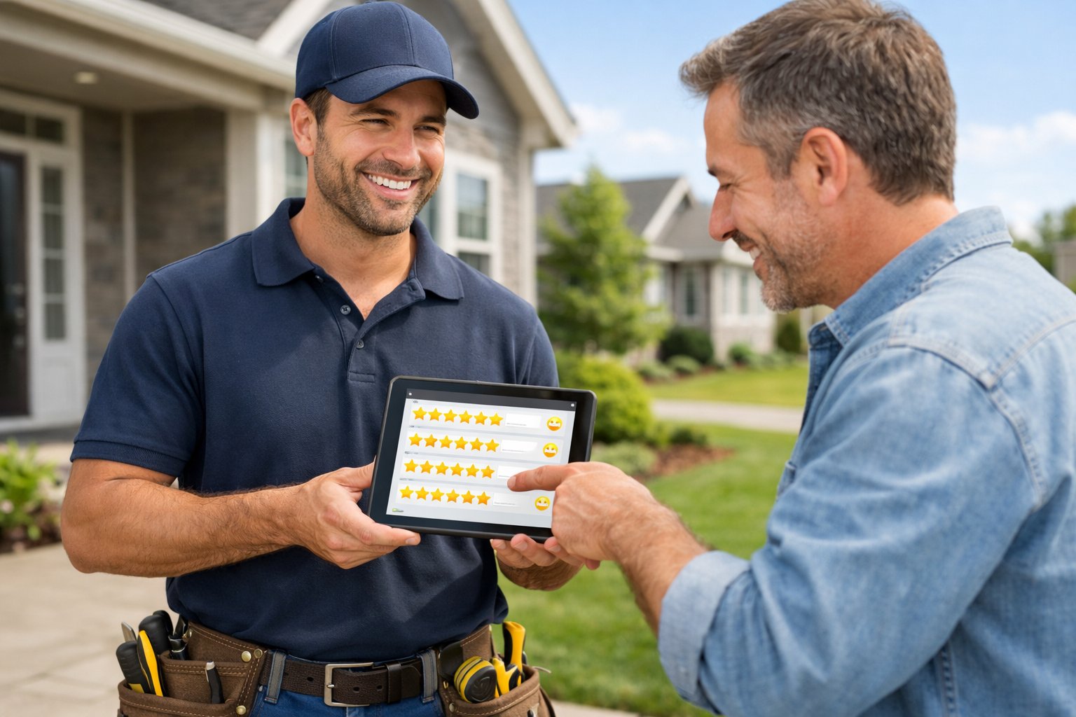 A contractor showing a homeowner positive reviews on a tablet outside a residential house.