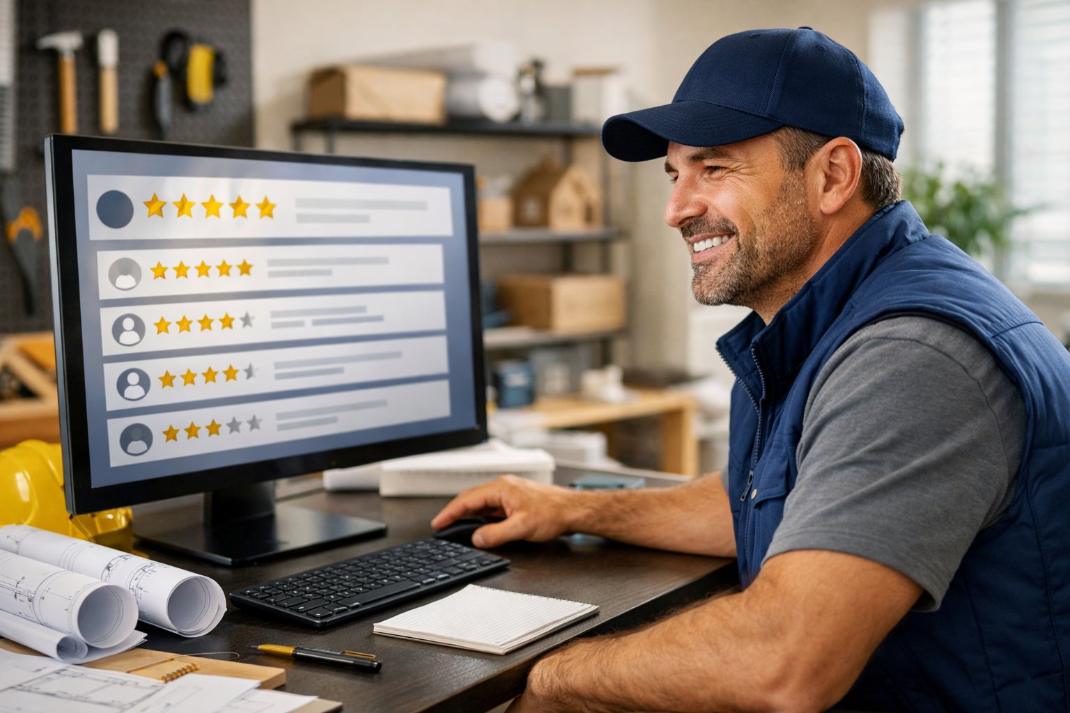 A contractor reviewing customer star ratings and reviews on a computer screen in a modern office with home improvement tools in the background.