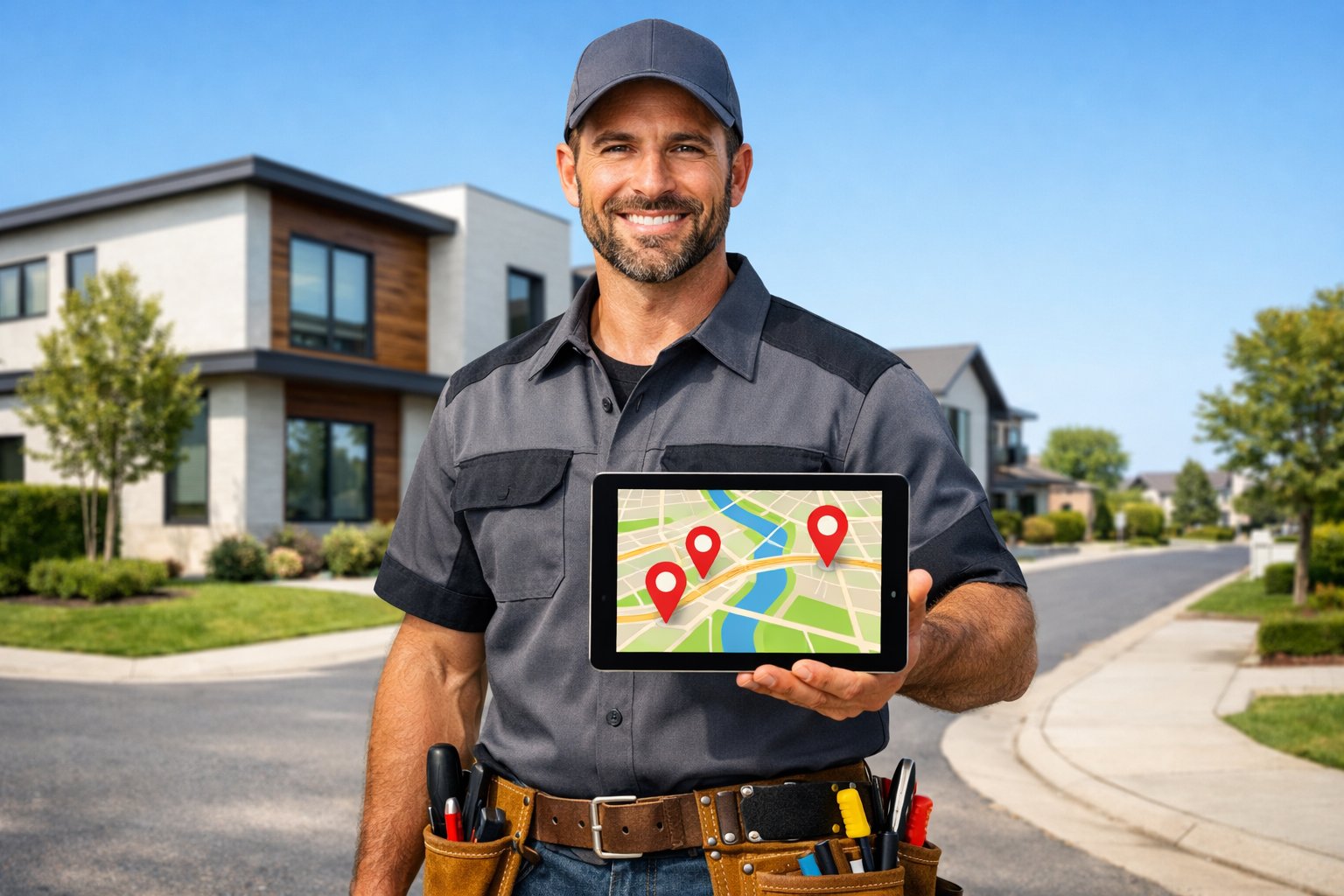 Contractor standing outside a modern house holding a digital tablet showing a map with location pins.